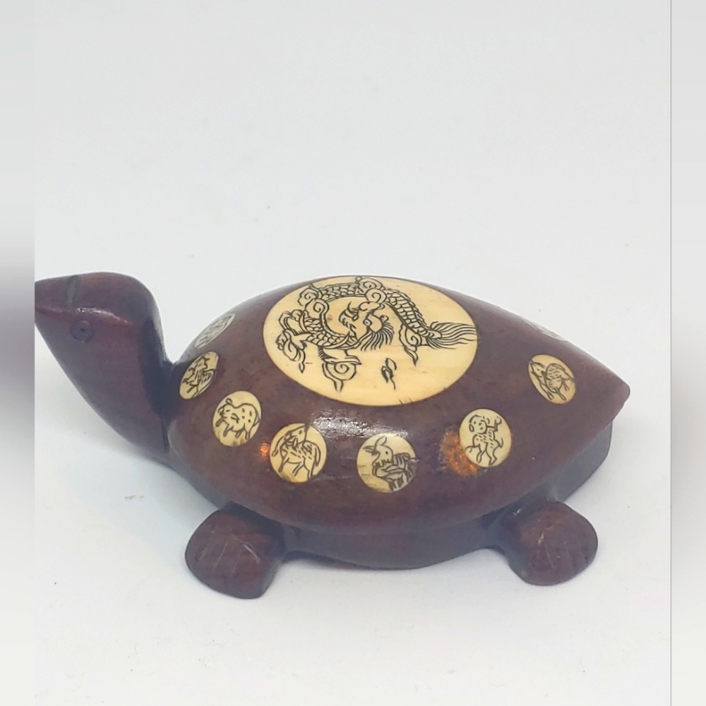 Vintage Carved Wood Turtle with Inlaid Chinese Zodiac Signs Opens to Compass